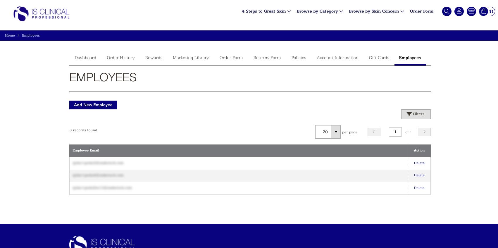 Screenshot of section to add or remove employee emails for access to store rewards and benefits.